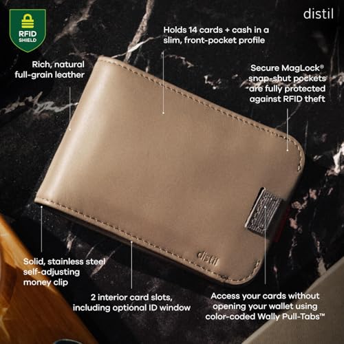 Image of Distil Union Wally Bifold 5.0 Slim Bifold Wallet for Men - Minimalist RFID Leather Wallet with ID Window, Pull Tab Card Holder & Money Clip - Holds 14 Cards & 30 Bills - Grey