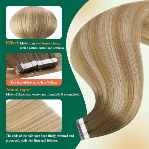 Image of Tape in Hair Extensions Human Hair Blonde Balayage Tape in Extensions Human Hair Brown Ombre Honey Blonde Mixed Platinum Blonde Hair Extensions Tape ins Easyouth Straight Hair 14Inch 20Pcs 40g
