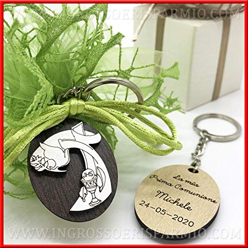 Ingrosso & Sparmium 20 Schlüsselanhänger mit Anhänger aus Holz in Form eines Kreuzes mit Kelch und Ostern, personalisierbar, originelle Gastgeschenke zur Erstkommunion (ohne Personalisierung)
