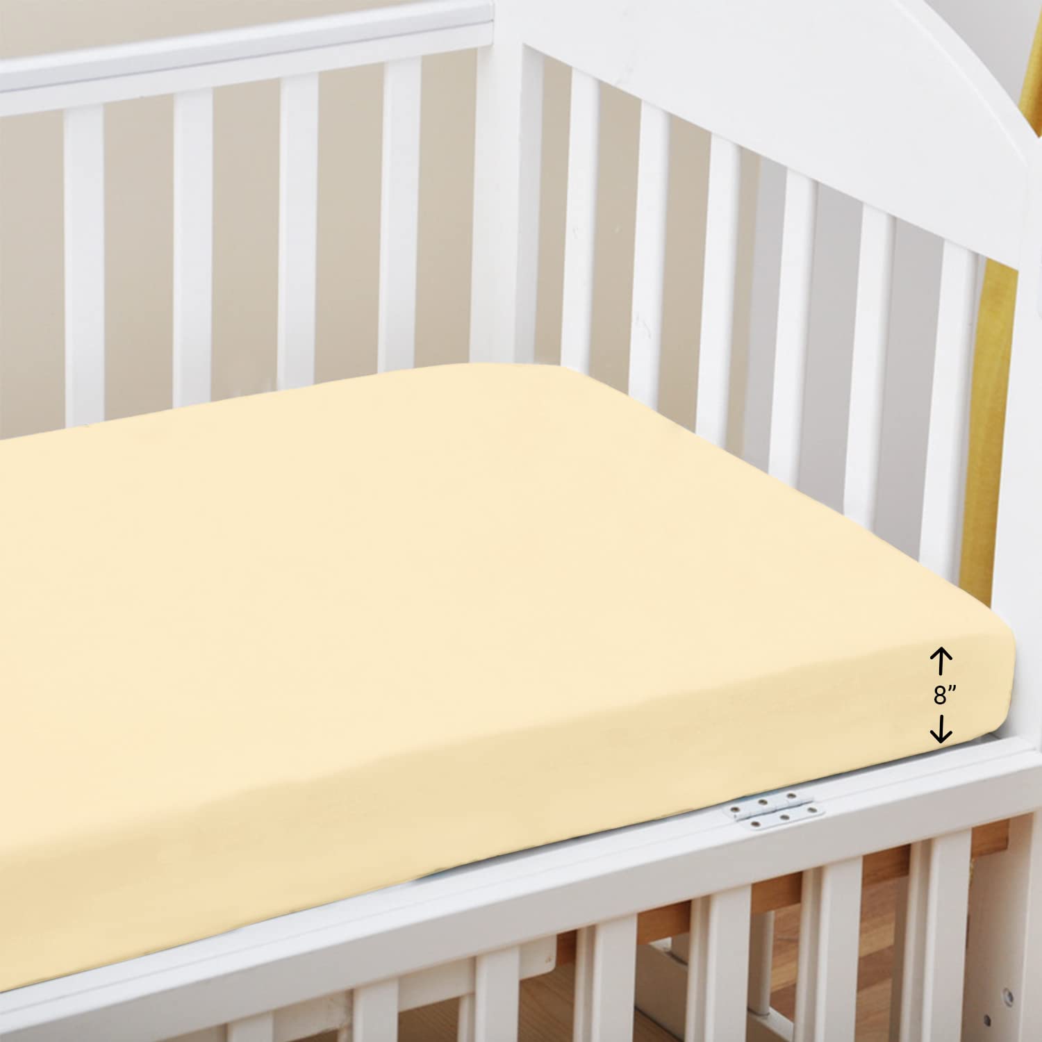 Pizuna Light Yellow 100% Cotton Fitted Crib Sheet 400 Thread Count Long Staple Cotton Fitted Crib Sheet 40X90 Cm, Sateen Weave 12 Cm Deep Fitted Sheets 1 Pc