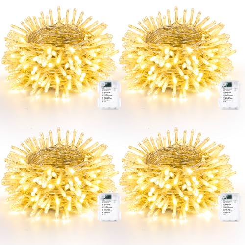 Lomotech Battery Operated Christmas Lights - 4 Pack Total 66ft 200LEDs String Lights 8 Modes Waterproof with Timer for Home, Garden, Party, Holiday, Tree Decoration (Clear Wire, Warm White)