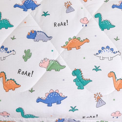 Image of Caressma Toddler Bedding Set Dinosaur Pattern Nursery Comforter for Kids | Cartoon Print 4 Pieces Toddler Bed In A Bag, White Bed Set With Comforter, Fitted Sheet, Flat Sheet & Pillowsham