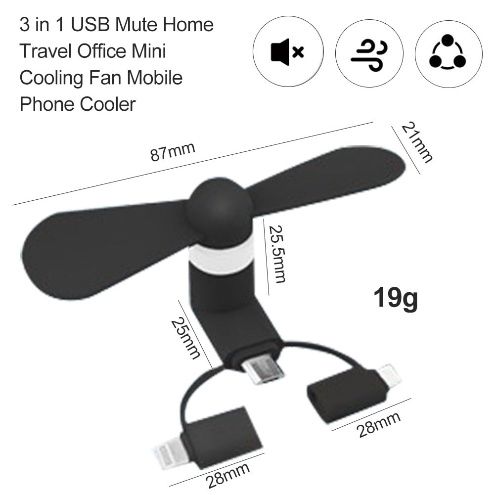 Comioke Wentylator mini do telefonu, wentylator USB, 3 w 1, kompatybilny z iPhone/iPad/smartfonami z systemem Android/tabletem, micro USB/Typem C/Lightn (czarny, 2 szt.)
