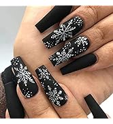 YAEISM Christmas Press on Nails With Black White Snowflake Design 24pcs Coffin Fake Nails Color M...