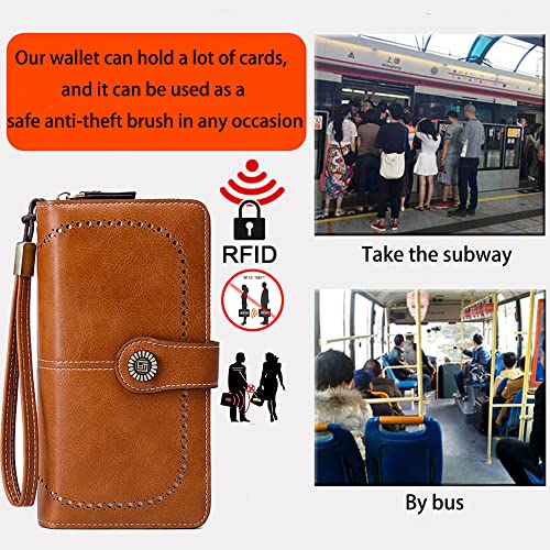 Image of Women Leather Wallet Crossbody Shoulder Bag with Double Zipper and Mobile Phone Purse with Shoulder Strap