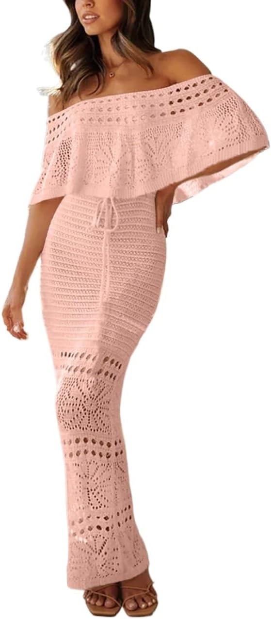 2026 Summer Women's Elegant Tie-Waist Off-Shoulder Hollow-Out Knit Long Dress,Spring Beach cover ups for swimwear