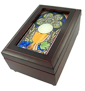 Musical Mahogany Wood Keepsake Box with Stained Glass First Communion Chalice Top, 6 1/2 Inches