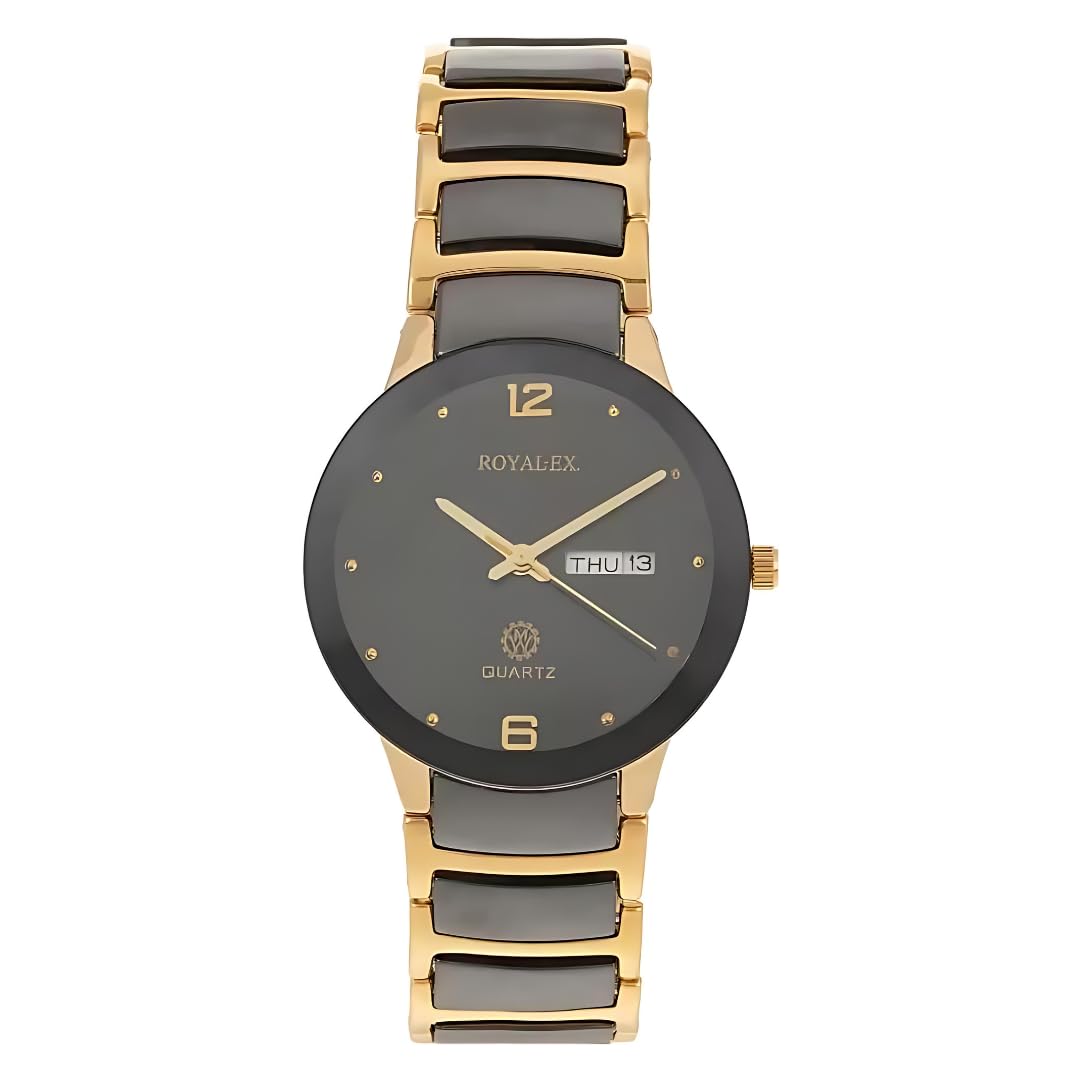 Royalex Watch Black Dial Day and Date Golden Ceramic Case & Black Gold Ceramic Chain Analog Watch - for Men (B0D95ZT5NR) Amazon Price History, Amazon Price Tracker