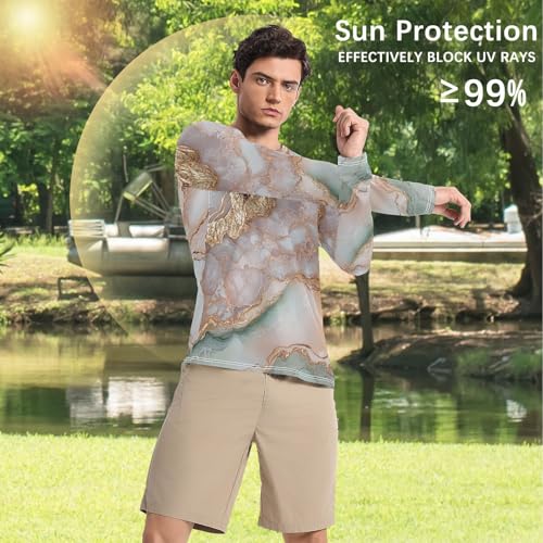 Marble White Rose Gold Sun Protection SPF Rash Guard Shirt Loose Crew Neck Loose Mens Sun Protection Long Sleeve Running4