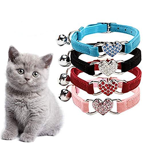 DAIXI Collare del Gatto, Gatto collari con Campana e Bling Fascino del Cuore di Forniture per Animali Carino (Nero + Rosso + Rosa + Blu)