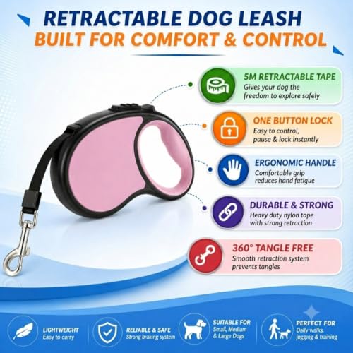 Image of Cawypety Retractable Dog Leash, 16ft /5M Heavy Duty Extendable Dog Walking Lead | One-Hand Brake & Lock, 360 Tangle-Free | Durable Pet Leash with Ergonomic Anti-Slip Handle for All Small,Large Breeds