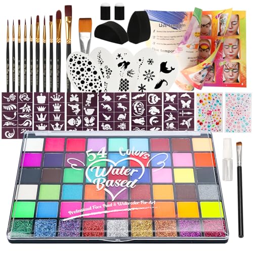 Pintada 54 Color Face Painting Kit for Kids - Non Toxic Water Based face paint Set with Brushes Stencils Gems & Sponges - Safe for Sensitive Skin Halloween Birthday Parties Cosplay & Festivals