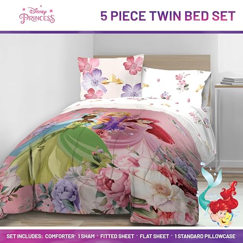 Image of Disney Princess Twin Comforter Set 5 Piece Bedding for Girls, Pink | Cinderella Rapunzel Ariel, Bed in a Bag, Comforter Sheets Sham Pillowcase, Official Product, Machine Washable, Girls Gift