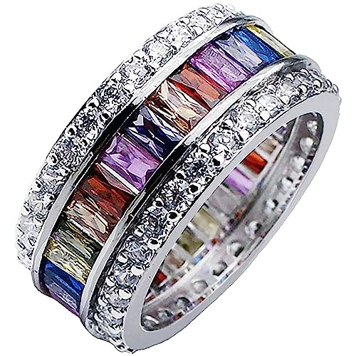 14K Gold Plated Multicolor Baguette Cut Gemstone Sterling Silver Ring Eternity Bands for Women Size 6-12