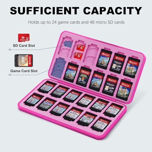 Image of FYY Nintendo Switch Game Case Holder for Switch 2 Cartridge Case with 24 Game Card Slots & 48 Micro SD Card Slots, Hard Shell, Silicone Lining Magenta Pink