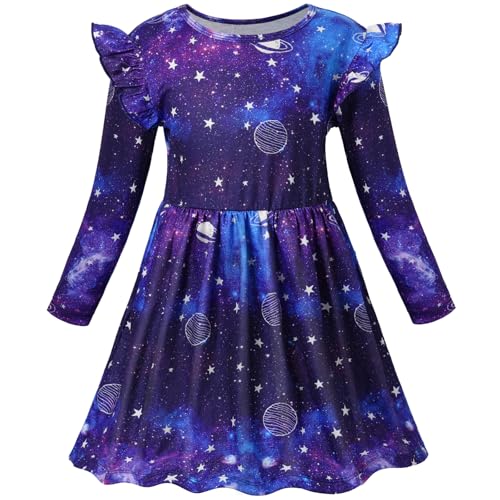 VASCHY Vestidos de Niña, Vestido Manga Larga Corta Impreso Vestido Unicornio Princesa Mariposa Sirena Vestidos Ropa Algodón Fiesta de Verano Vestido Festivo 3-10 años, Purple Galaxy 5T