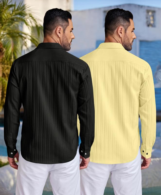 Image of FINIVO FASHION Men's Cotton Blend Shirt Set Lightweight, Full Sleeves, Plain Texture, Button Closure, Summer Ready (Pack of 2)