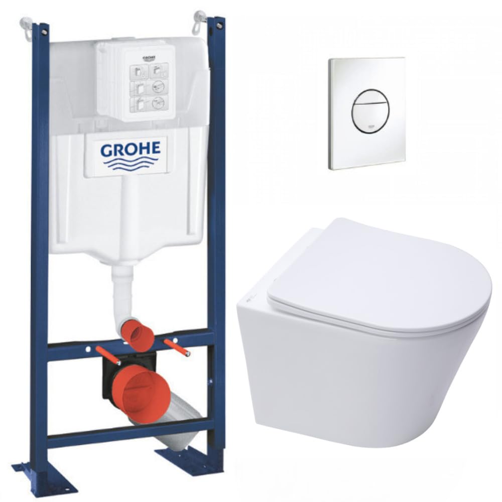 WC Suspendu Pack Complet Accessoires - Pack WC Grohe Bâti-support autoportant, WC sans bride SAT Infinitio, Abattant softclose, Plaque blanc alpin, Abattant WC,Cuvette Toilette, Chasse d'eau Wc