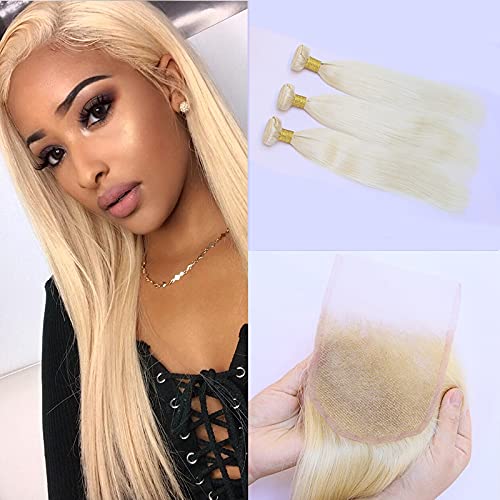 Guanyuwigs 613 Blonde Hair Bundles with Closure Straight Brazilian Virgin Ramy Hair 4×4 Free Part Lace Closure with Bundles For Black Women Human Hair 150% Density(20/22/24+18inch,Straight)