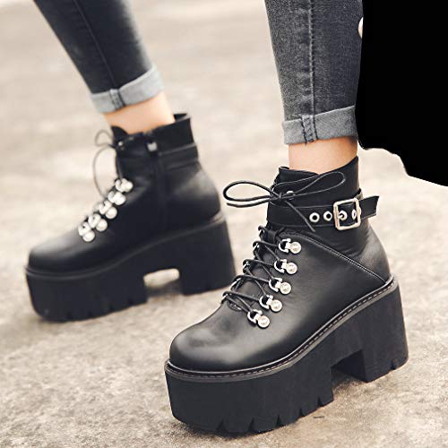 Image of Parisuit Womens Goth Patent Ankle Boots Platform Chunky Combat Boots | Lace Up, Gothic Boots, High Heel, Punk Short Booties, Buckle Boots, Chain Boots