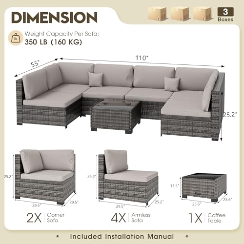 Image of LHBcraft 7 Piece Patio Outdoor Furniture Set, All-Weather Wicker Outdoor Sectional Patio Sofa, Outside Furniture with Grey Cushion and Glass Coffee Table
