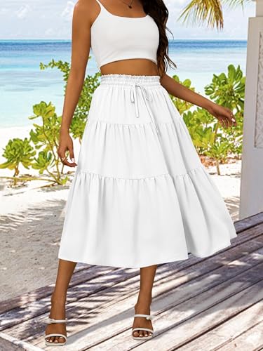 Anbech Women's Casual Midi Skirt Elastic High Waisted Summer Beach Skirts Trendy Pleated A-Line Dress3