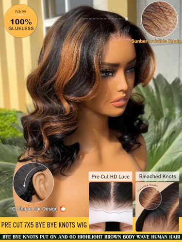 Image of Sunber Bye Bye Knots 7x5 Lace Black with Caramel Blonde Highlights Body Wave Glueless Wigs Pre Everything Pre Cut 7x5 Lace Front Pre Plucked Pre Bleached Knots 150% Density 26Inch Put On and Go Wig