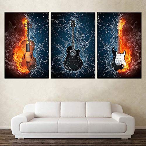 Impression sur toile guitare en feu - Affiche triptyque vibrante pour la maison - 6
