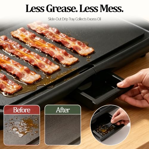 Image of 20 inch Electric Griddle, Ceramic Non-Stick Baking Pan Attemperation Griddle, 1400W Family-Sized Electric Skillet Extra Large Surface and Adjustable Temperature, Slide-Out Drip Tray, Black