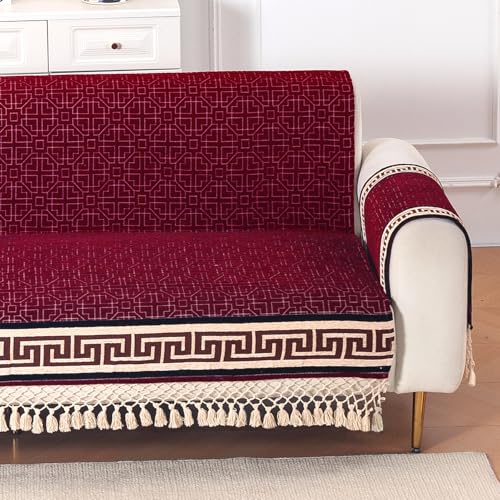 Image of HOKIPO 'Imperial Tassel Series' Thick & Soft Chenille Jacquard Sofa Cover 3 Seater Set for Seat, Back & Arms with Tassels, Royal Red (IN-1011 + IN-1012-I3*2)