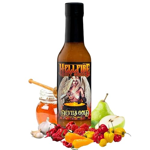 Hellfire Devils Gold salsa picante ganadora de múltiples premios salsa caliente a base de frutas gourmet cuenta con pimientos muy calientes y frutas