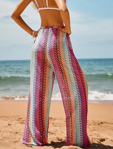 Image of ZAFUL Womens Beach Cover Up Pants Sexy Crochet Drawstring Elastic Boho Swimsuit Cover Up Long Pants Beach Wear