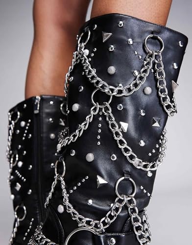 MAVMAX Woman Black Chain Stud Boot Knee High Boots Round Toe Slouch Leather Pull On Boot Wide Calf Chunky Low Heel Platform Boots3