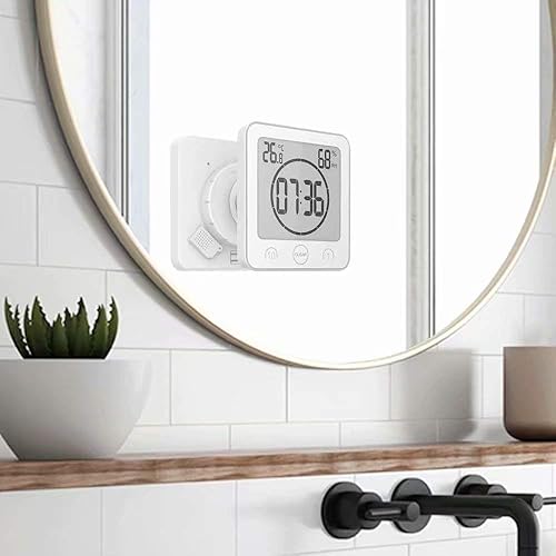 Vista 18 de Reloj de pared digital para baño con alarma con pantalla LCD grande, resistente al agua para rociar agua, pantalla de temperatura de humedad, Rojo