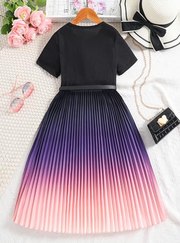 Hilinker Girls Short Sleeve Pleated Dress Summer Ribbed Crew Neck Dresses with Belt2