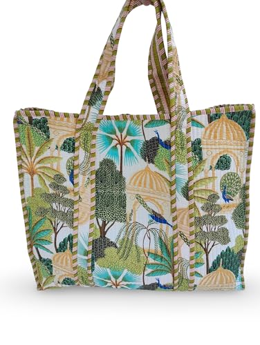 Image of Cotton Tiger Block Print Tote Bag, Indian Handmade Shopping Shoulder Bag, Unisex Market Daily Use