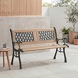 Vida Designs Garden Bench, Twin Cross Style Design 3 Seater Outdoor Furniture Seating Wooden Slats Cast Iron Legs Park Patio Seat