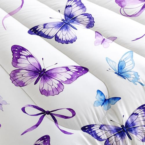 Image of AILONEN Queen Purple Butterfly Comforter Set, Blue Watercolor Ribbon Bedding, Floral Bow Decor, Lightweight Cozy Microfiber Luxury Guest Master Bedroom