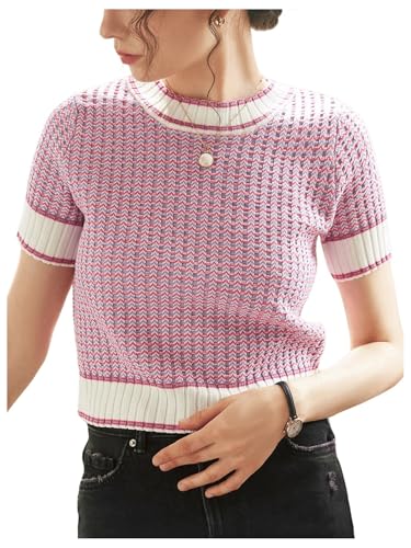GORGLITTER Women's Short Sleeve Cropped Sweater 2025 Fall Ribbed Knit Striped Pullover Crop Tops3