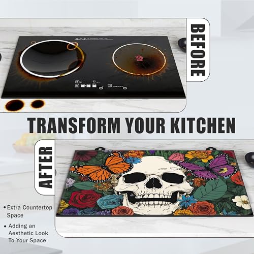 Image of Stove Top Covers for Electric Stove,Halloween Skull Flat Top Stove Cover,Colorful Butterfly Flowers Heat Resistant Glass Top Stove Cover Protector Anti-Slip Range Covers, 28 x 20 Inch