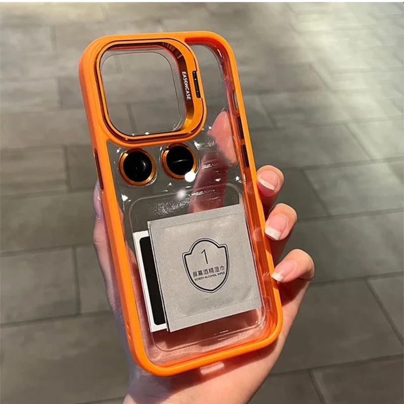 Image of Clear Case for iPhone 17 | Metal Lens Protector & 180 Rotating Bracket | Shockproof Transparent Hard Back Cover with Soft TPU Frame - Orange