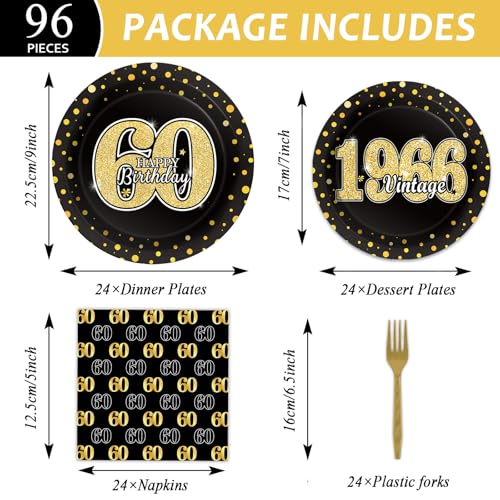 Image of 96PCS 60th Theme Birthday Party Tableware Vintage 1966 Party Supplies 60 Year Old Birthday Party Decorations Plates Napkins Forks Black and Gold Dinnerware Favors for Men or Women