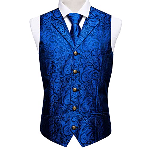 Image of Barry.Wang Men Blue Black Paisley Tailored Collar Suit Vest Silk Jacquard Waistcoat Tie Clip Set for Tuxedo
