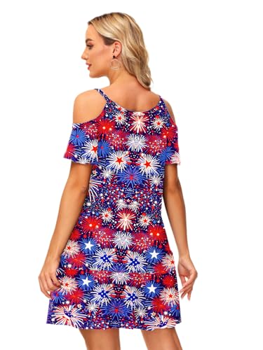 Image of Deerose Womens 4th of July Dresses Cold Shoulder American Flag Tie Dye A-Line Dress with Pockets