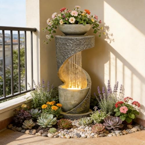 Image of Tiered Outdoor Water Fountain, Modern Spiral Cascading Waterfall Fountain with Planter, Freestanding Resin Indoor Water Feature for Room, Garden, Patio, Deck, 31.5 inchH with Light Stone-Texture