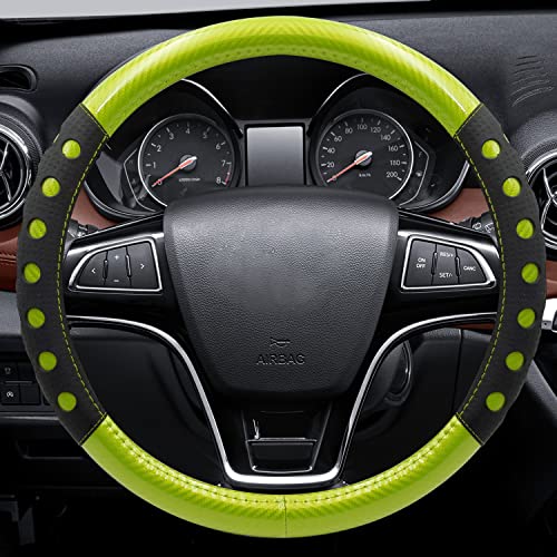 NICEASY Sport Style Bright-Green Leather Steering Wheel Cover, Black Sport Grip Steering Wheel Accessory,Universal Fit 14.5-15.25 inch Steering Wheel