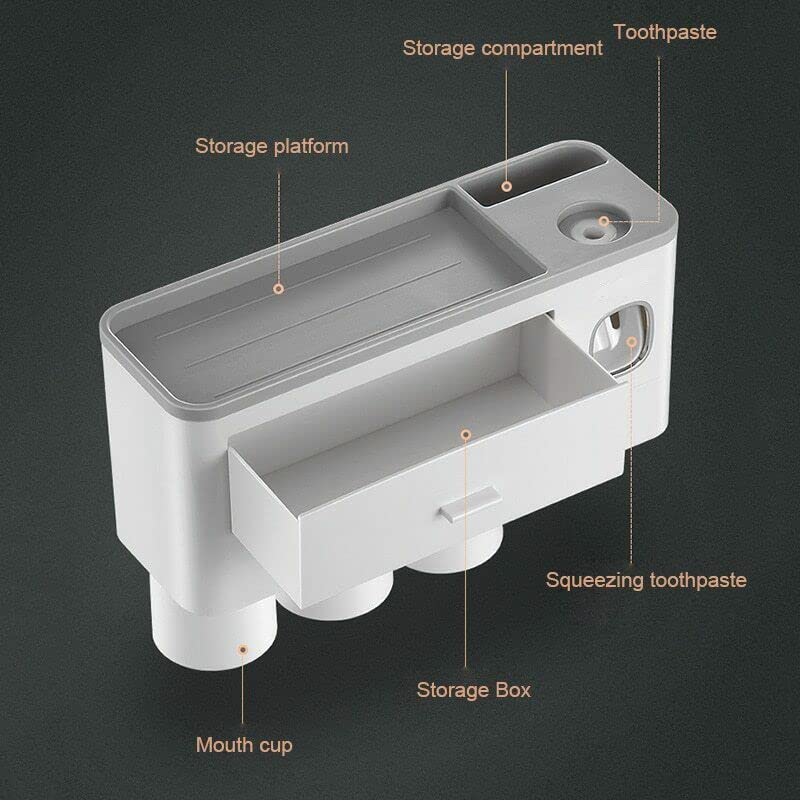SKOFRI Toothbrush Holders for Bathrooms, 3 Cups Wall Mounted with Toothpaste Dispenser, Large Capacity Tray, Cosmetic Drawer and 4 Brush Slots with Cover Tooth Brush Holder Plastic, white Product Image 3
