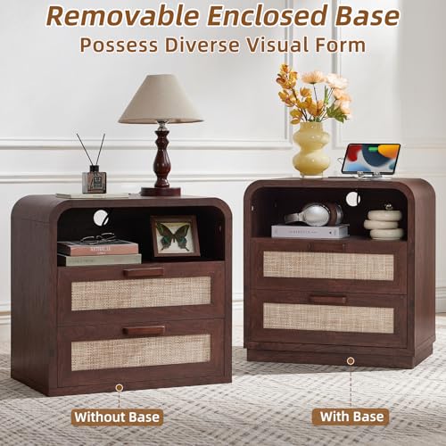 Image of LEYAOYAO Rattan Night Stand with Charging Station, Walnut | 23.6 inch Curved 2 Drawers Nightstand with Storage Shelf & Solid Handle, Boho Bedside Tables for Bedroom, Living Room