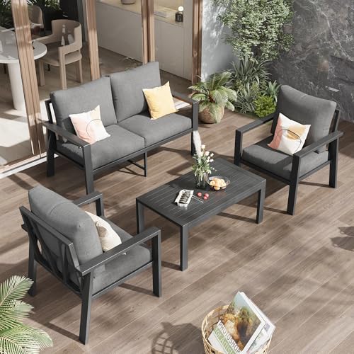 Image of Aluminum Outdoor Patio Furniture Sets All-Weather Patio Conversation Set Sectional Sofa with Coffee Table & Cushions w /Removable Covers for for Deck Backyard Garden Poolside Balcony Porch