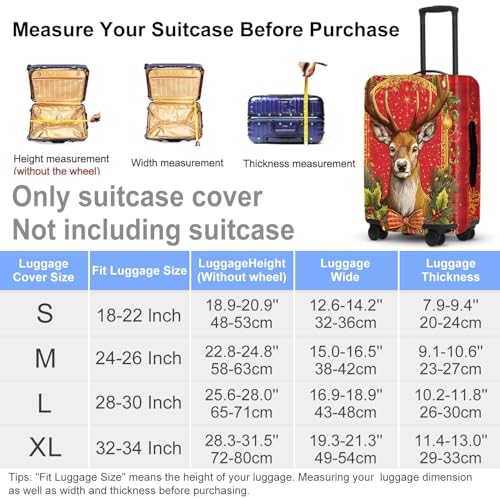 Image of Vintage Plaid Luggage Cover - Red Tartan with Golden Deer and Holly, Classic Stretchable Suitcase Cover 24 26 Inch